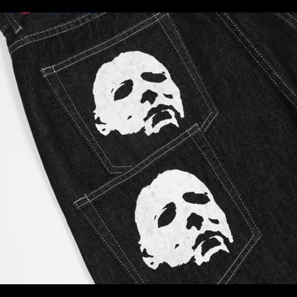 Spoof Portrait Print Denim Pants Mens High Street Funny Loose Straight-leg Pants - Picture 6 of 7